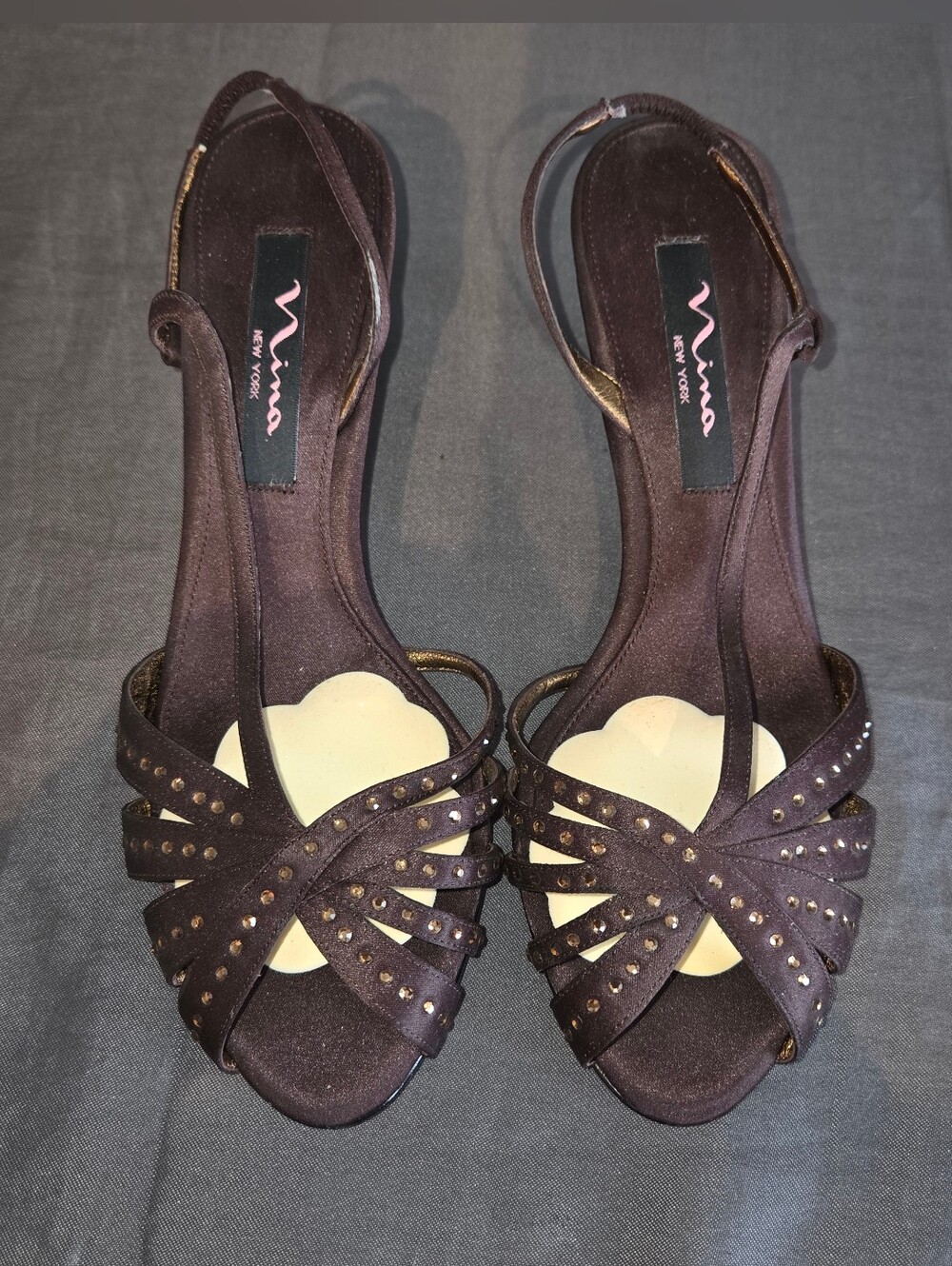 Nina Brown Strappy Studded Open-Toe Slingback Heels